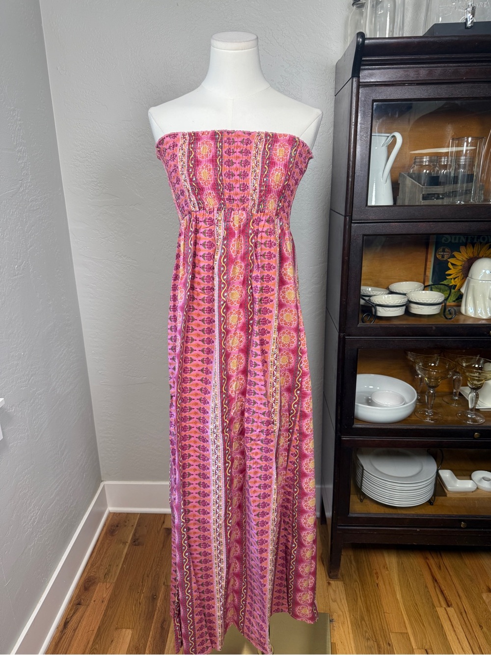 Passport Strapless Smocked Cotton Maxi Dress Pink Boho Floral Size M